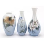 Royal Copenhagen, three Danish vases hand painted with flowers, numbered 2680, 2630 and 2917, the