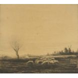 Cyril Grey - Eventide, Sheep on the marshes, pencil signed black and white etching, WMC Price, The