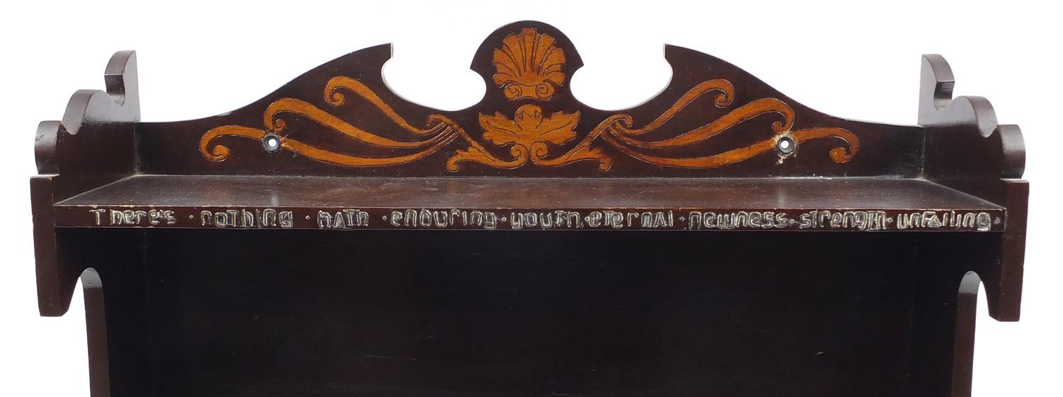 Arts & Crafts pokerwork wall hanging bookshelf with metal inlay and motto, there's nothing nath - Image 4 of 6