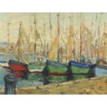 Continental harbour with moored boats, Impressionist oil on board, framed, 33.5cm x 26cm excluding