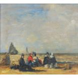 Figures on a beach, French impressionist oil on board, framed, 31cm x 28cm excluding the frame