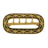 Gold coloured metal and enamel buckle, impressed marks to the reverse, 4.9cm wide, 13.1g