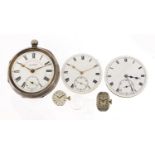 JG Graves, silver open face pocket watch, two pocket watch movements and two wristwatch movements,