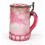 19th century Bohemian cut glass stein, finely etched with two stags in a landscape, 17.5cm high