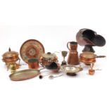 Copper and brassware including an embossed Persian tray, flagon and coal scuttle