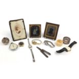 Objects including a silver pot and cover, two 19th century photographs, vintage wristwatches and a