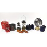Group of vintage enamelled flasks, fuel can, Tilley heater, lanterns and shoe stretchers