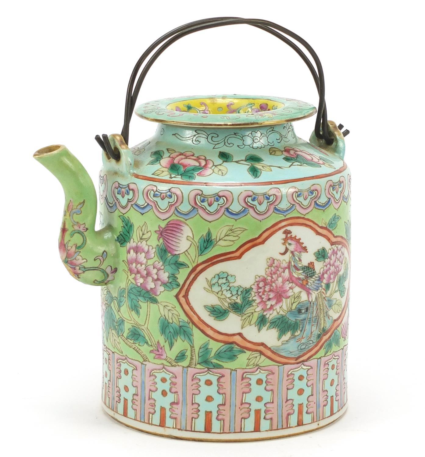 Chinese porcelain Peranakan Straits type teapot hand painted in the famille rose palette with panels