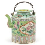 Chinese porcelain Peranakan Straits type teapot hand painted in the famille rose palette with panels