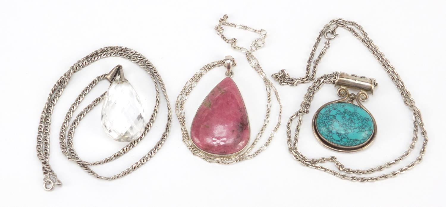 Three silver semi precious stone pendants on silver necklaces, 65.0g