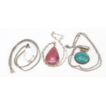 Three silver semi precious stone pendants on silver necklaces, 65.0g