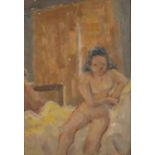 Nude female on a bed, German school oil on card, framed, 26.5cm x 18.5cm