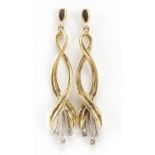 Pair of 9ct two tone gold diamond drop earrings, 3.4cm high, 2.2g