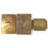 Two British military interest brass shoulder belt plates and a horse plate including XVIII Royal
