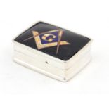 Sterling silver pill box, the hinged lid enamelled with the Masonic emblem, 3.2cm wide, 20.2g