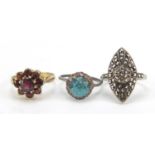 Three silver rings set with colourful stones, sizes L, M and N, 9.4g