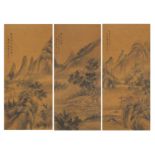 River landscapes with calligraphy and red seal marks, Tryptich of three Chinese watercolours, labels