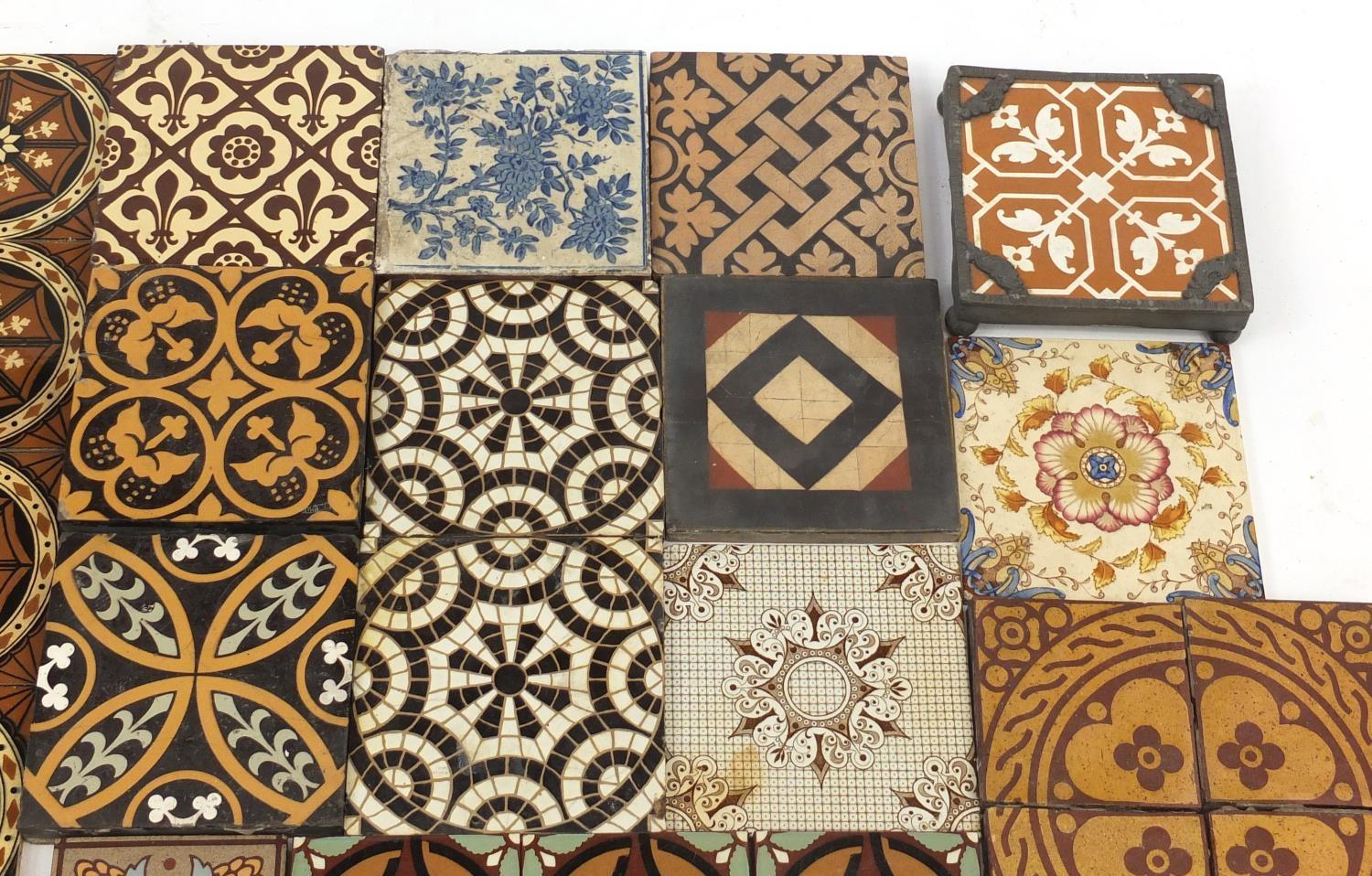 Victorian encaustic tiles including seven by William Godwin, set of eight by Minton and Campbell - Image 3 of 9