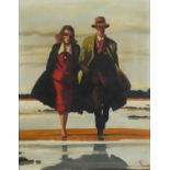 Manner of Jack Vettriano - Figures walking on a beach, oil on board, framed, 50cm x 39.5cm excluding