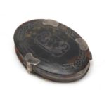 Georgian silver mounted tortoiseshell piqué work folding magnifying glass decorated with classical