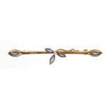 Art Nouveau 15ct gold sapphire and seed pearl bar brooch, housed in a velvet and silk lined case,