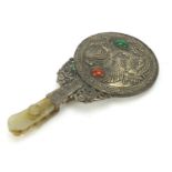 Chinese silver coloured metal hand mirror with carved jade dragon design handle, 22cm in length