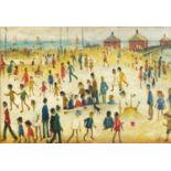 After Laurence Stephen Lowry - Figures on a beach, Modern British oil on board, framed, 34cm x
