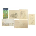 Five 19th century and later pencil/watercolours including one double sided, one of a nude female and