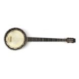 Inlaid rosewood five string banjo with case, 87cm in length