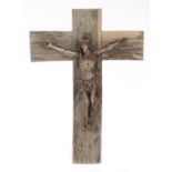 Antique French carved wood corpus Christi on crucifix, 42.5cm high