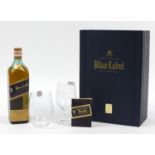 Johnny Walker Blue Label whiskey gift set including a 75cl bottle numbered 891128 and two glasses
