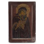 Antique Russian lacquered wood Orthodox icon, Our Lady of Tenderness, inscribed paper label verso,