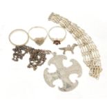 Silver jewellery including a gate bracelet, Canterbury cross pendant on chain and rings, 32.0g