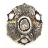 Large Indian silver gilt diamond ring, size O, the ring head 4cm x 3.5cm, 25.4g