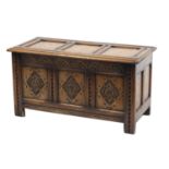 Oak three panel coffer with carved lozenge panels, 48cm H x 91.5cm W x 43cm D