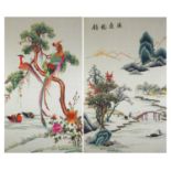 Birds and ducks amongst pine trees and fishermen in a landscape, pair of Chinese silk