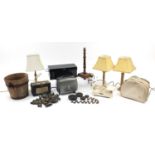 Sundry items including vintage Bolex projector, Roberts radio, turned mahogany lamp, metal bound