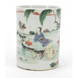 Chinese porcelain brush pot hand painted in the famille verte palette with figures attending an