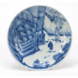 Chinese blue and white porcelain shallow dish hand painted with a figure attending an Emperor, six