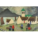 Figures before cottages and water, Irish school oil on canvas, framed, 75cm x 50cm excluding the
