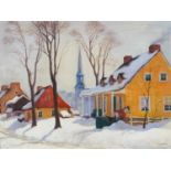 Snowy Canadian street scene, oil on board, framed, 49.5cm x 44.5cm excluding the frame