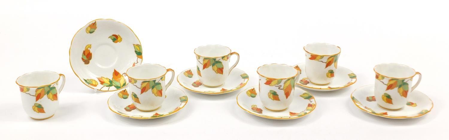 Foley china, set of six Art Deco Autumn leaf cups and saucers, each saucer 12cm in diameter