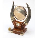 Edwardian horn and oak dinner gong with silver plated mounts, 40cm high