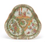 Chinese Canton porcelain triangular tray, hand painted in the famille rose palette with figures,