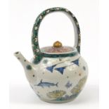 Korean porcelain teapot hand painted with figures, 25cm high