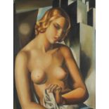 Manner of Tamara de Lempicka - Portrait of a nude Art Deco female, oil on board, mounted and framed,