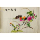 Chinese silk panel embroidered with two ducklings in water with calligraphy, unframed, 62cm x 39cm