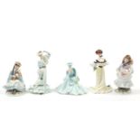 Five Coalport figures including Childhood joys, the largest 19cm high