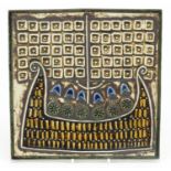 Lisa Larson for Gustavsberg, Swedish ceramic tile hand painted with a stylised viking longboat,