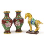 Pair of Chinese cloisonné vases and Tang style horse, the largest 16cm high